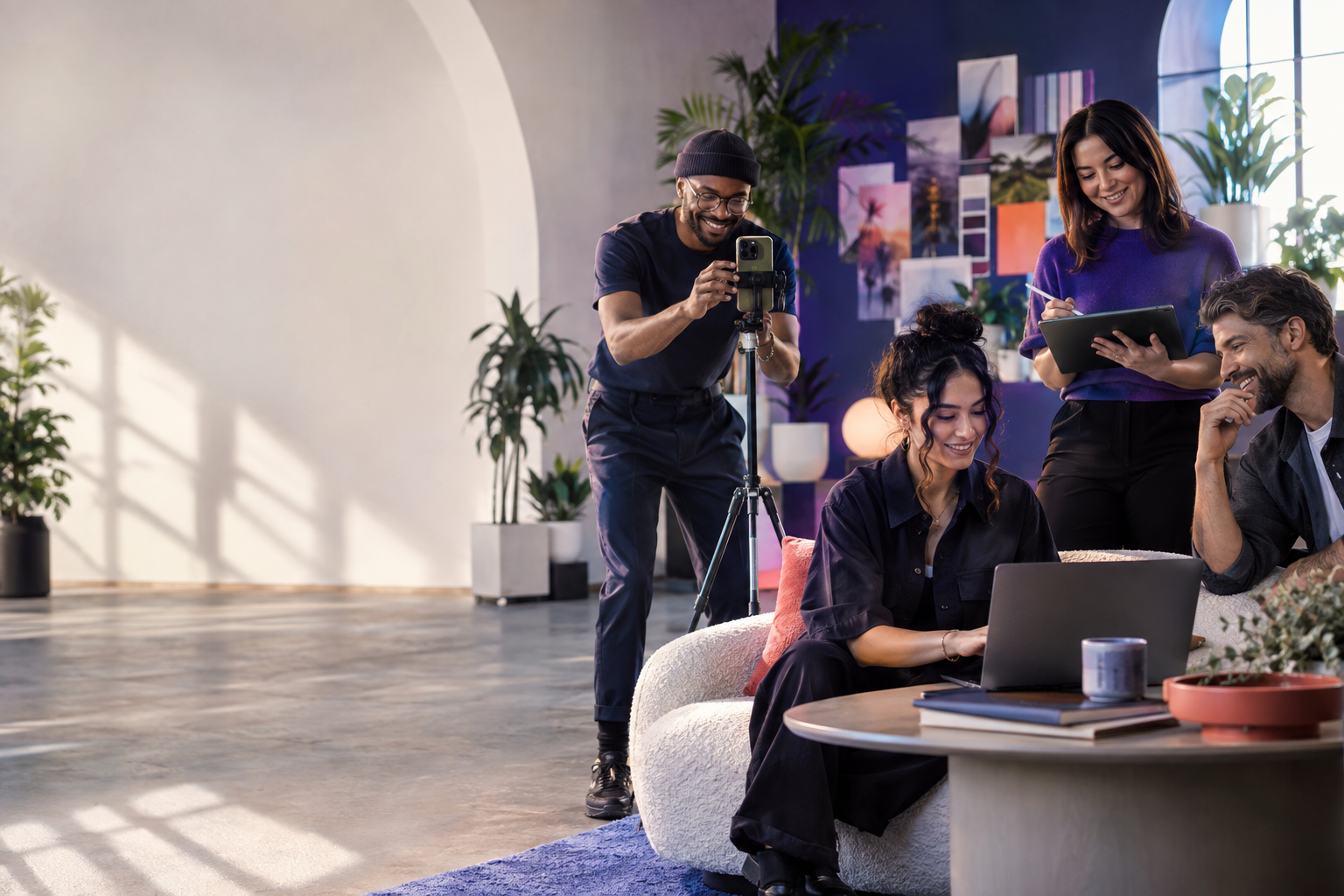 A diverse team of creators collaborating in a bright social media studio